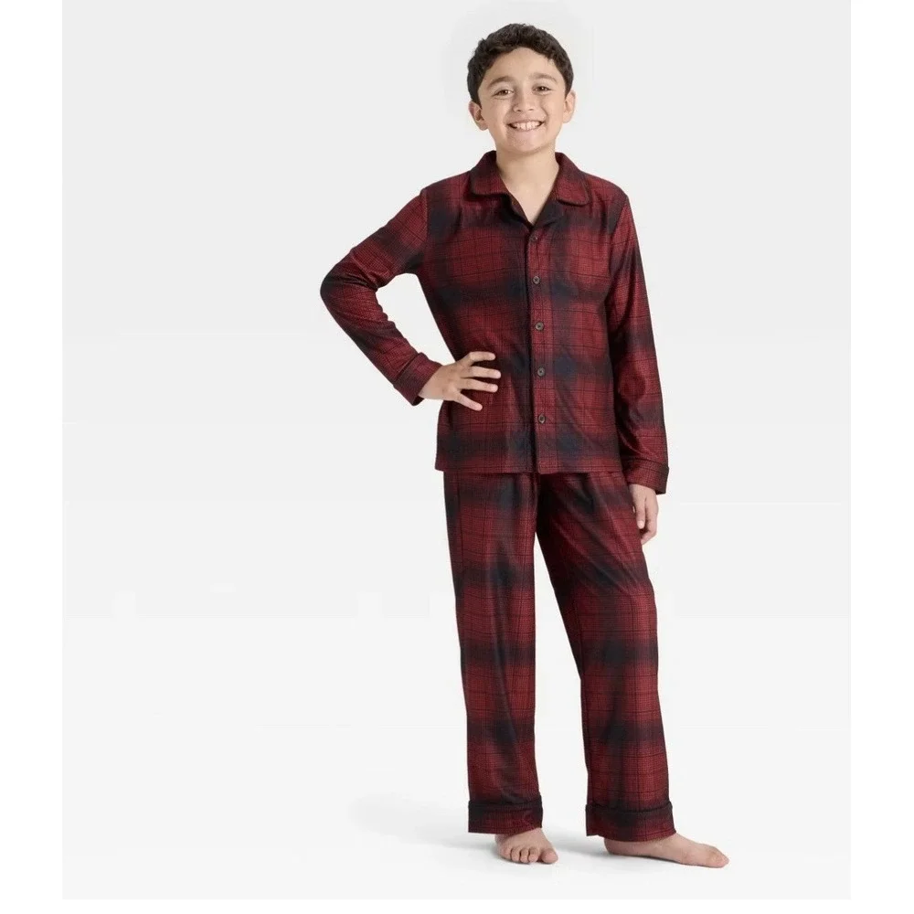 Cat & Jack Boys XS‎ 4/5 Red Plaid Holiday Long Sleeve Button Front Pajama Set